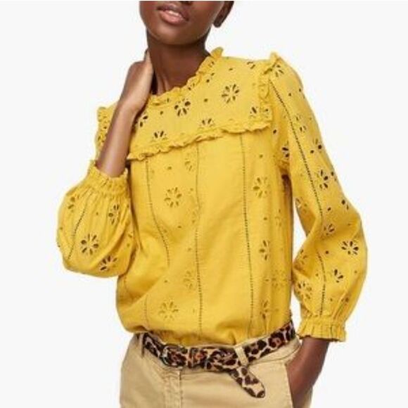 J. Crew Mustard Eyelet Long Sleeve Mock Neck Ruffled Top Size XS - Picture 1 of 13